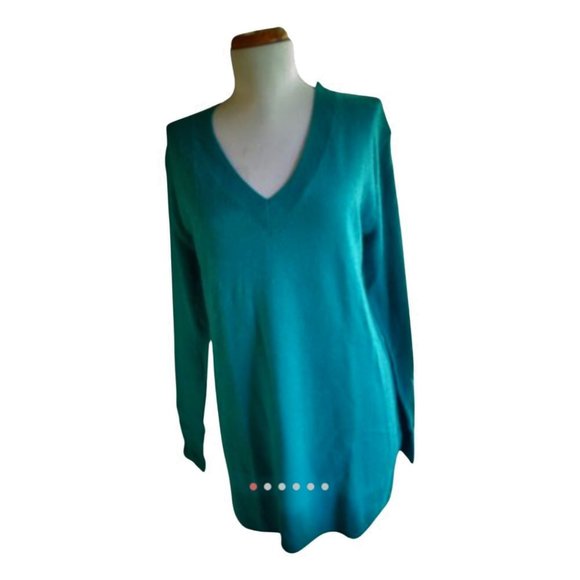 NWT - $89.97 SUSINA Teal  100% Cashmere V-Neck Sweater - Size S - Picture 1 of 6